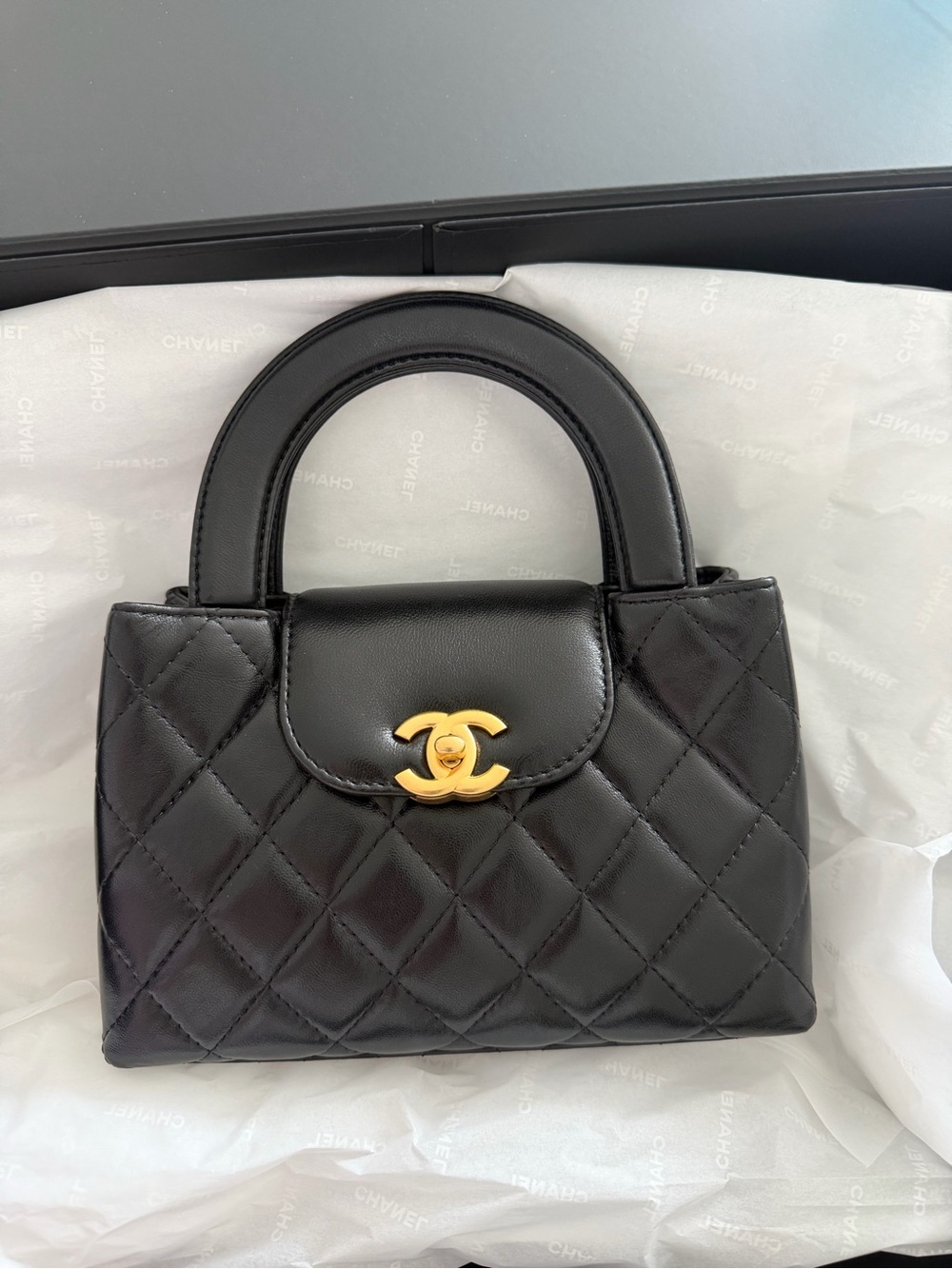 CHANEL Black Quilted Mini Top Handle Bag with Gold CC